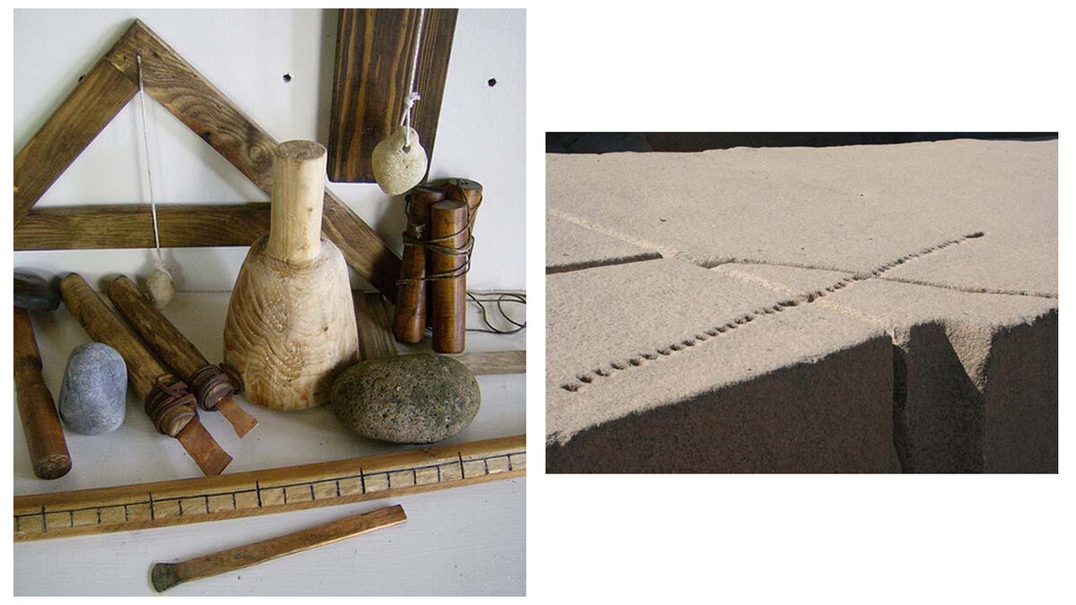 Инструменты мастеров Древнего Египта и незавершенный обелиск с отверстиями для раскола плиты 