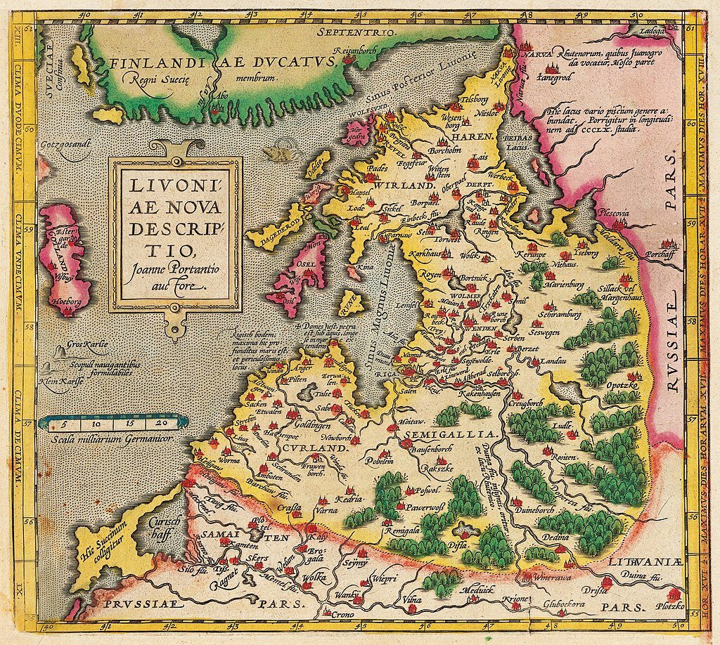 Карта Ливонии. Из Theatrum Orbis Terrarum (Зрелище круга земного) Абрахама Ортелиуса (1527—1598). Антверпен, 1570 год.