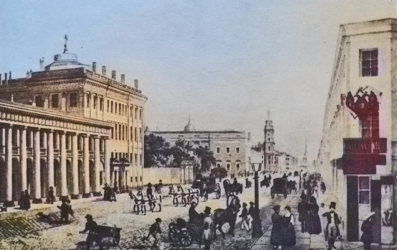 Справа дом купца П. Шарова (Источник иллюстрации: книга "Маскарад" М.Ю. Лермонтов)