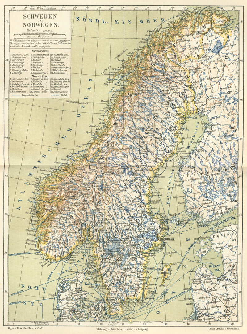 Карта Швеции и Норвегии из германского географического атласа (1888) - видно, что эти две страны почти не разделены границами (commons.wikimedia.org)