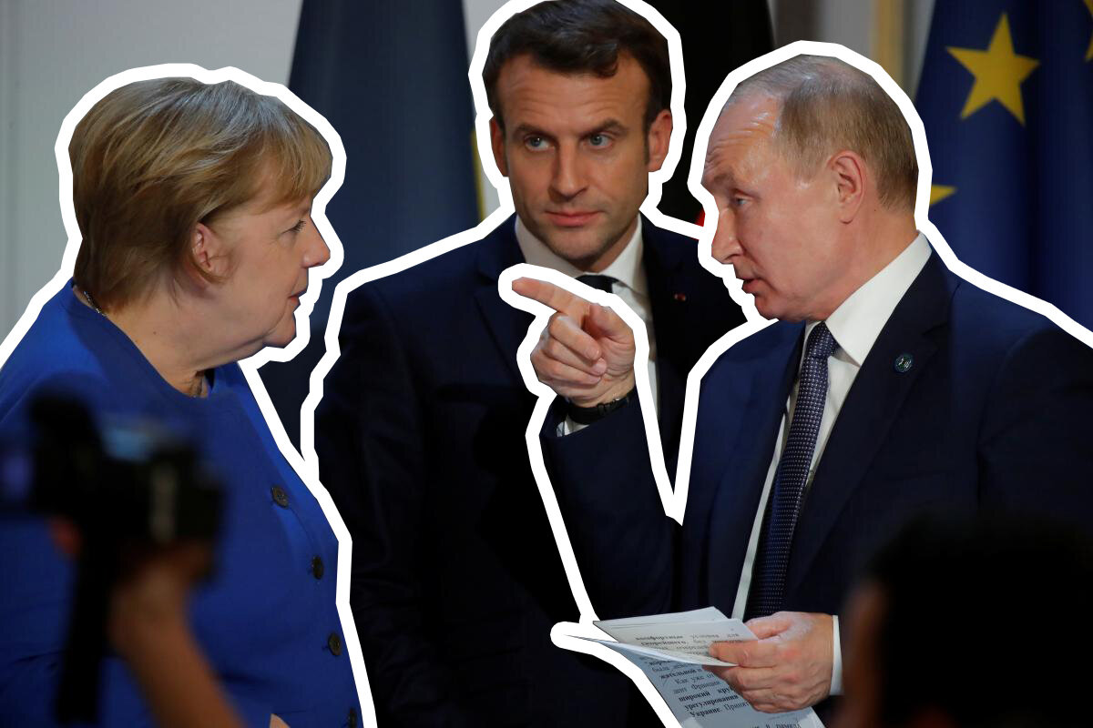 Эммануэль Макрон, Владимир Путин и Ангела Меркель