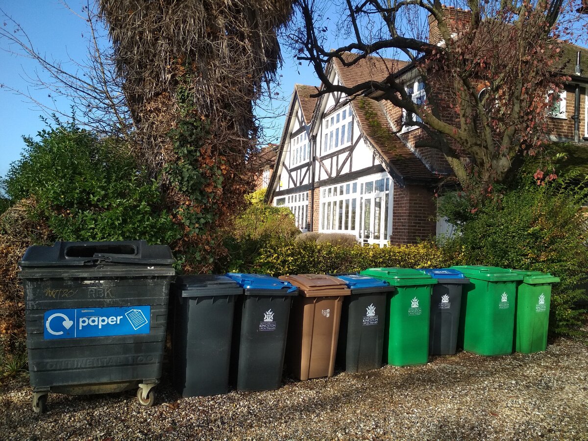 Вот так стоят мусорные баки. Здесь выставили вместе сразу несколько соседей
