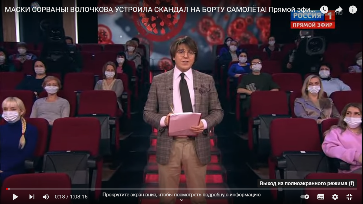 Обратите внимание - на фоне массовки один без маски, Малахов. Скрин передачи сделан автором