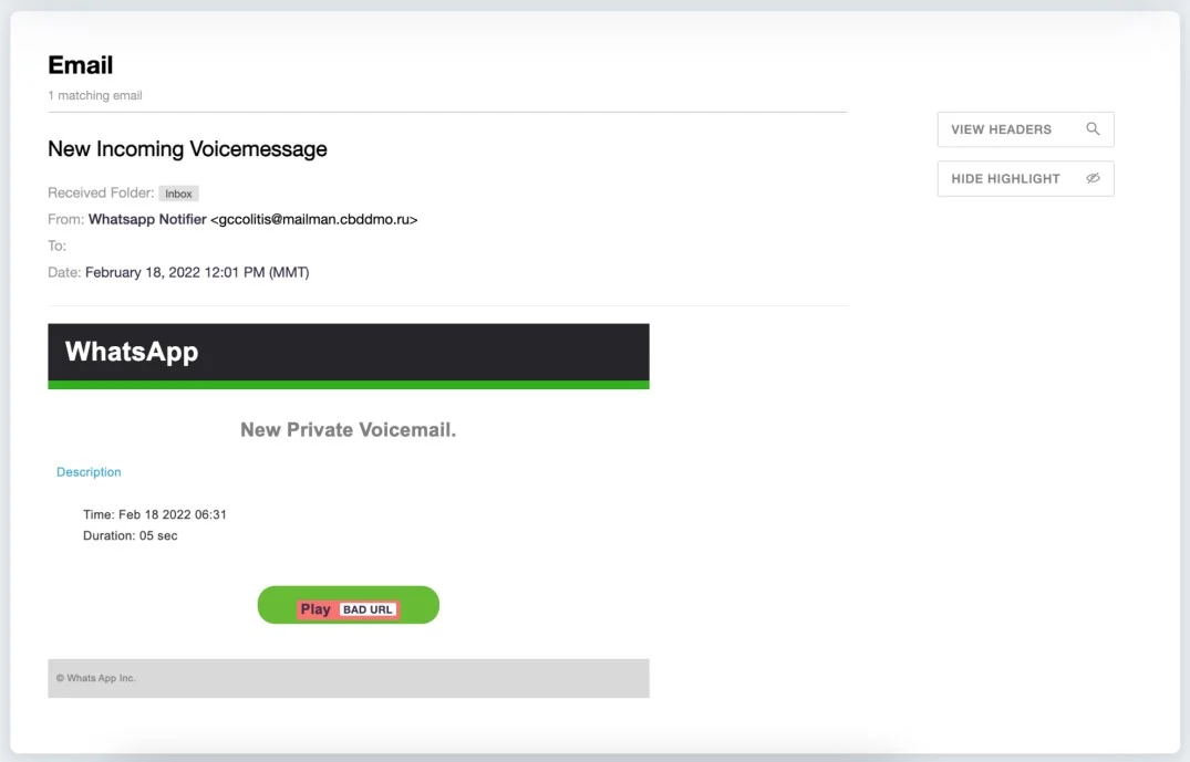 Фишинговое письмо, выдающее себя за WhatsApp (Источник: Armorblox)
