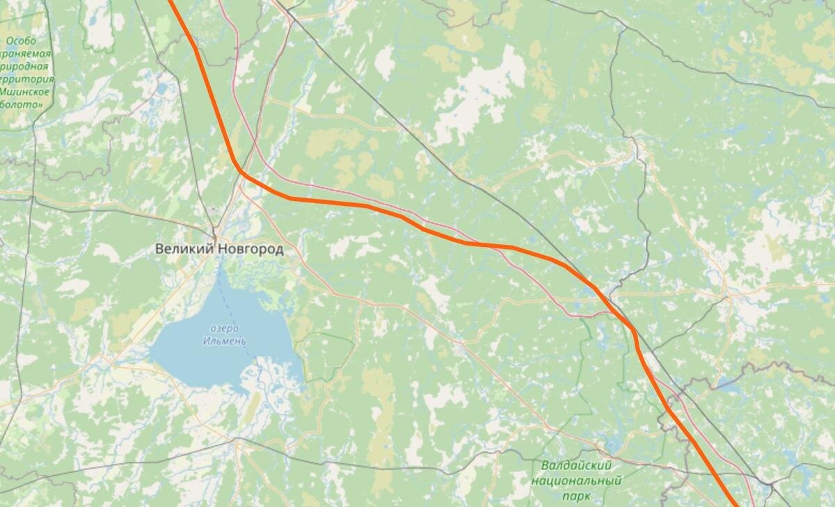 Маршрут ВСМ в Новгородской области. Скриншот OpenStreetMap 