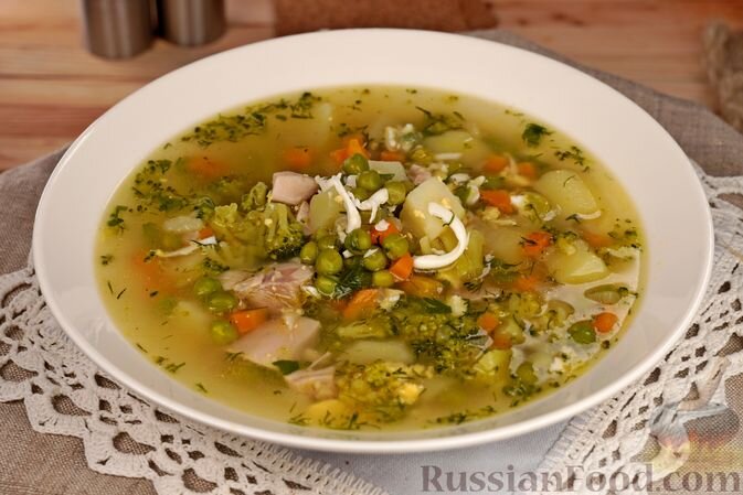 куриные бедра, капуста брокколи, горошек зелёный, картофель, морковь, лук репчатый, яйца, зелень, перец чёрный молотый, соль, масло растительное