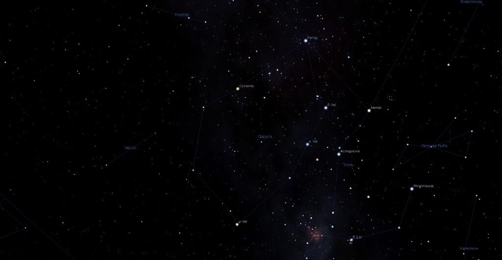 Созвездие Паруса, вид в программе планетарии Stellarium
