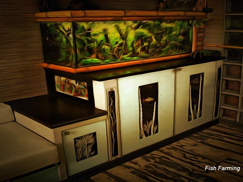 Аквариум установленный на подходящей по размеру тумбочке.