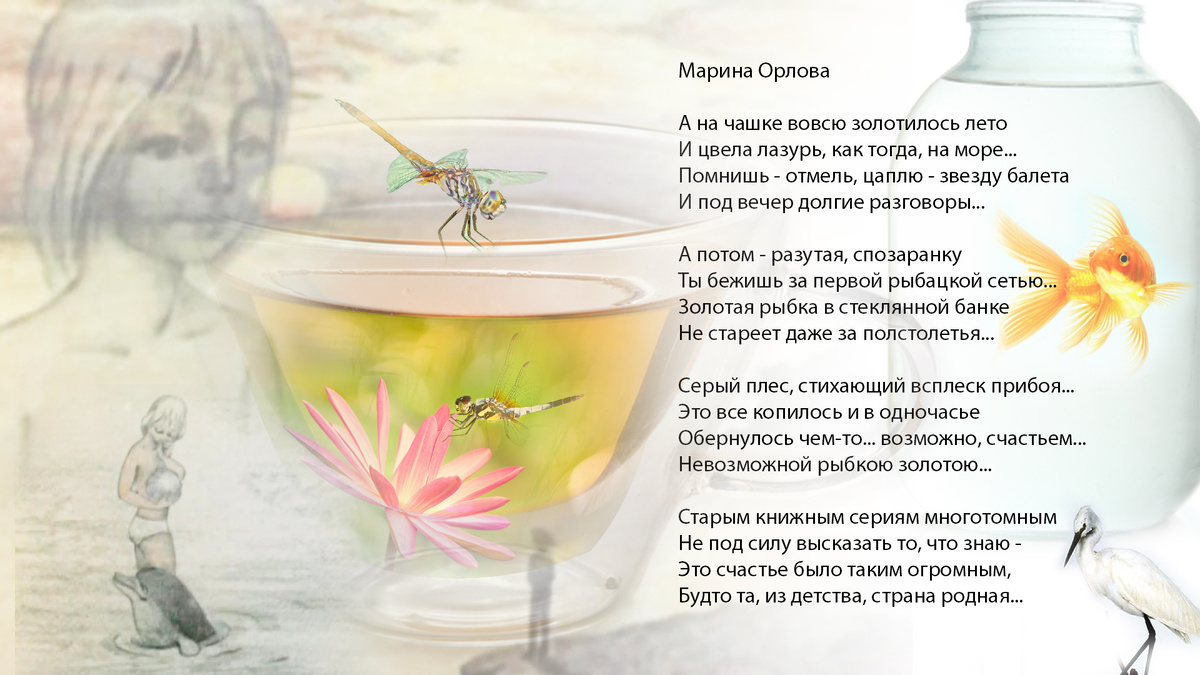 А на чашке вовсю золотилось лето И цвела лазурь, как тогда на море
Помнишь отмель, цаплю - звезду балета
И под вечер долгие разговоры

А потом разутая спозаранку 
Ты бежишь за первой рыбацкой сетью
Золотая рыбка в стеклянной банке
Не стареет даже за три столетья

Серый плес, стихающий всплеск прибоя
Это все копилось и в одночасье
Обернулось чем-то... возможно счастьем
Невозможной рыбкою золотою
