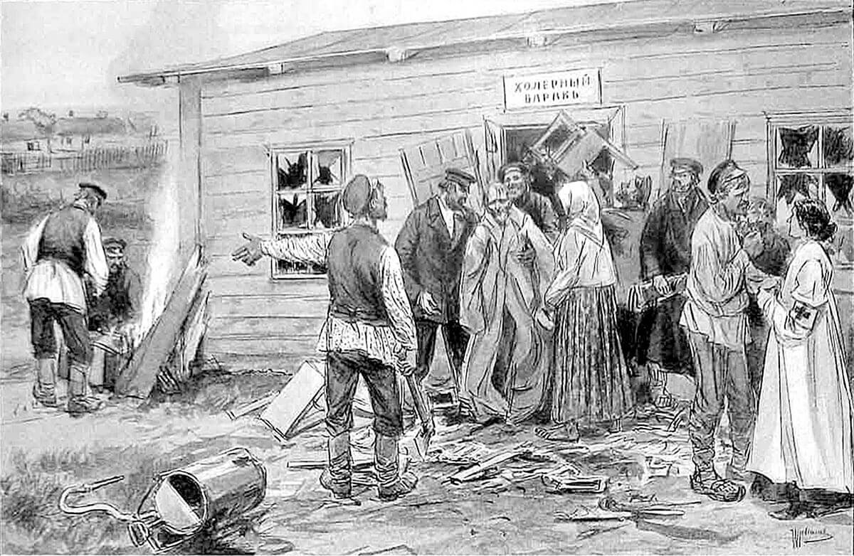 Нападение на холерную больницу для «спасения» жертв эпидемии от врачей. 
Рисунок из английского периодического издания (1910)