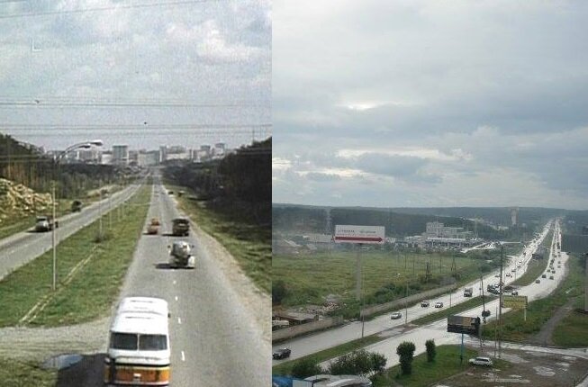 Слева - кадр из фильма 1991 года, справа - современный вид со стороны города в сторону места съемок. Фото: кадр из фильма "Патриотическая комедия" /"КиноНытик"