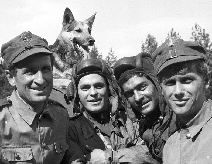 Танкисты и собака. Слева направо: Густлик (Франтишек Печка), Шарик, Ольгерд Ярош (Роман Вильгельми), Гжесь-Георгий Саакашвили (Влодзимеж Пресс) и Янек (Януш Гайос).