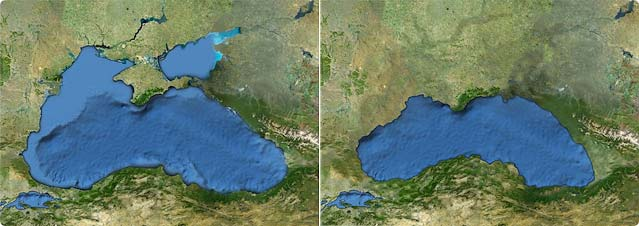 Чёрное море в наше время (слева) и в начале VI тыс. до н. э. согласно гипотезе Райана-Питмена