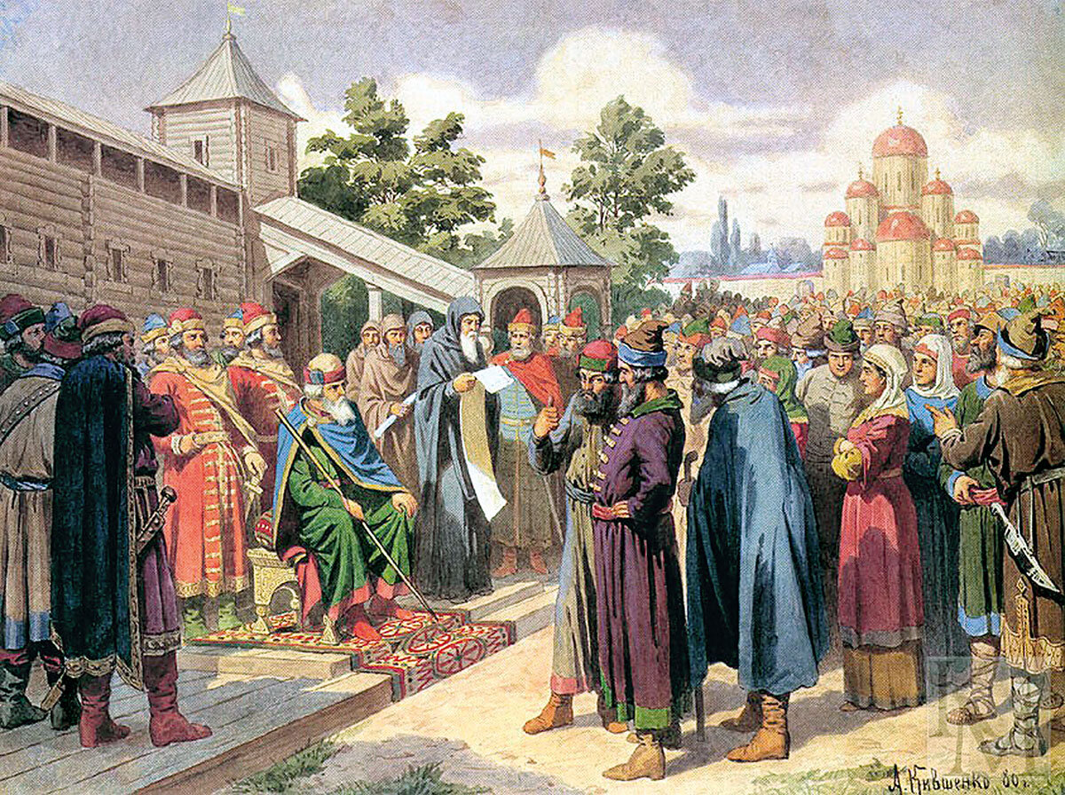 «Чтение народу Русской Правды в присутствии великого князя Ярослава».
Иллюстрация: Алексей Кившенко (1880).