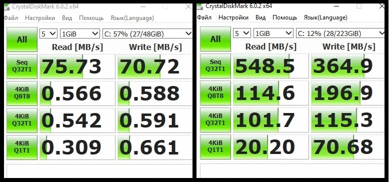 Тест дисков в CrystalDiskMark - где что догадаться можно легко.=)