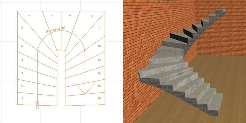 Лестница с поворотными ступенями на бетонной основе - сосна, бук - руб. | dmd-stairs