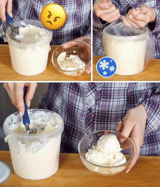 
Обычно мороженное очень трудно красиво разложить по вазочкам и кушать сразу из морозилки. С таким лайфхаком мы без труда сделали красивые шарики.
