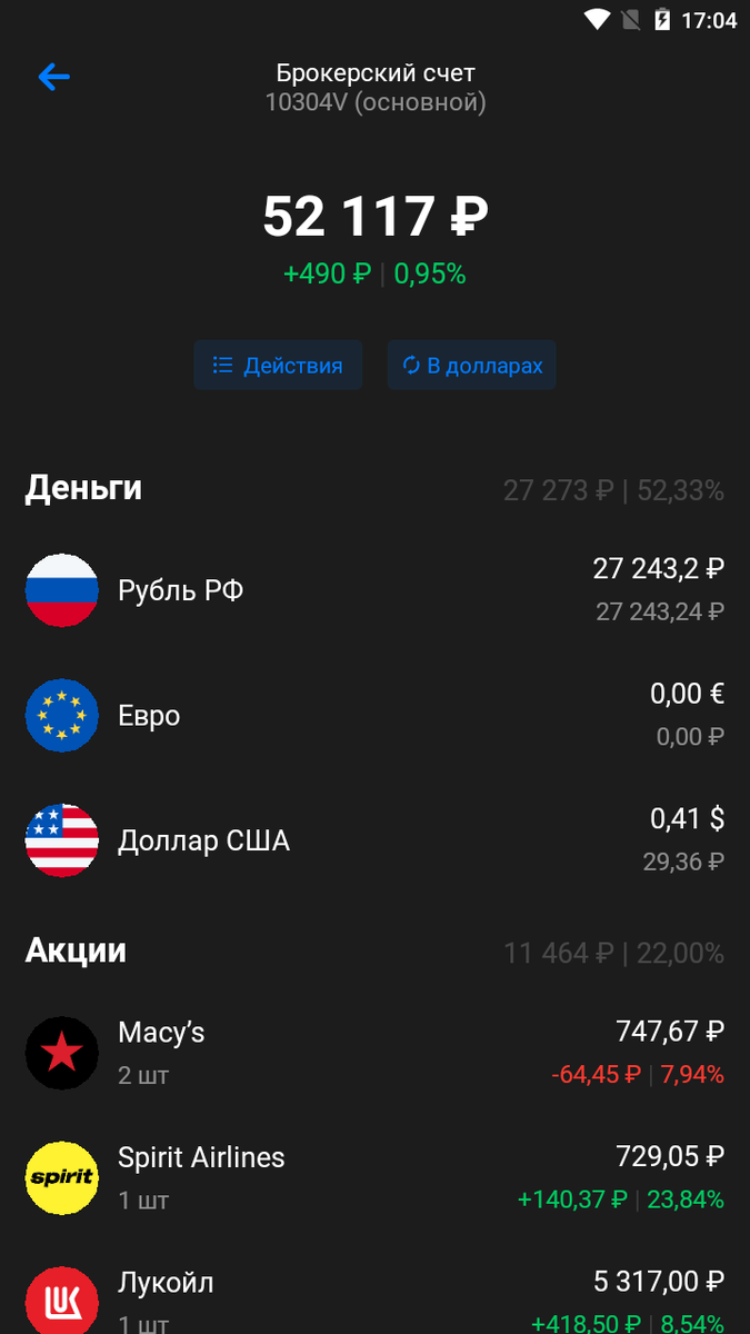 Портфель у ВТБ брокера по состоянию на 24.05.2020