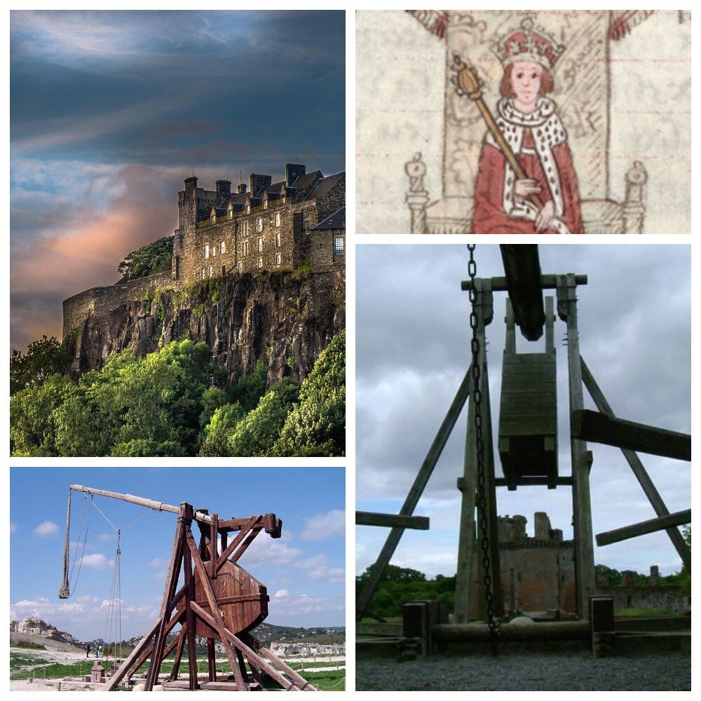 Верхний ряд - замок Стерлинг. Эдуард I. Ниже: требюшет - современные реконструкции.