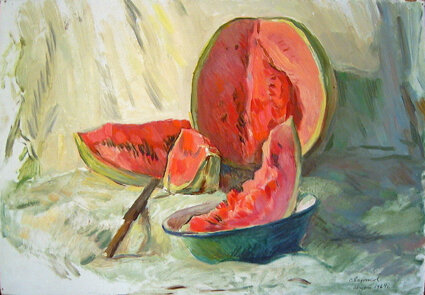 Сверчков Никита Кузьмич (1891-1985) "Арбуз" 1964 г. Картон, масло. 33 х 47,7, собрание ЧГХМ