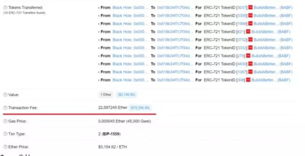 Транзакция в сети Ethereum стоимостью 22.597 ETH