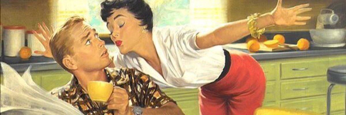 Скажи ка мне. Муж и жена на кухне картина пин ап. Пин ап ссора мужчины и женщины. Вот оно женское непостоянство одного. Непостоянство женщин