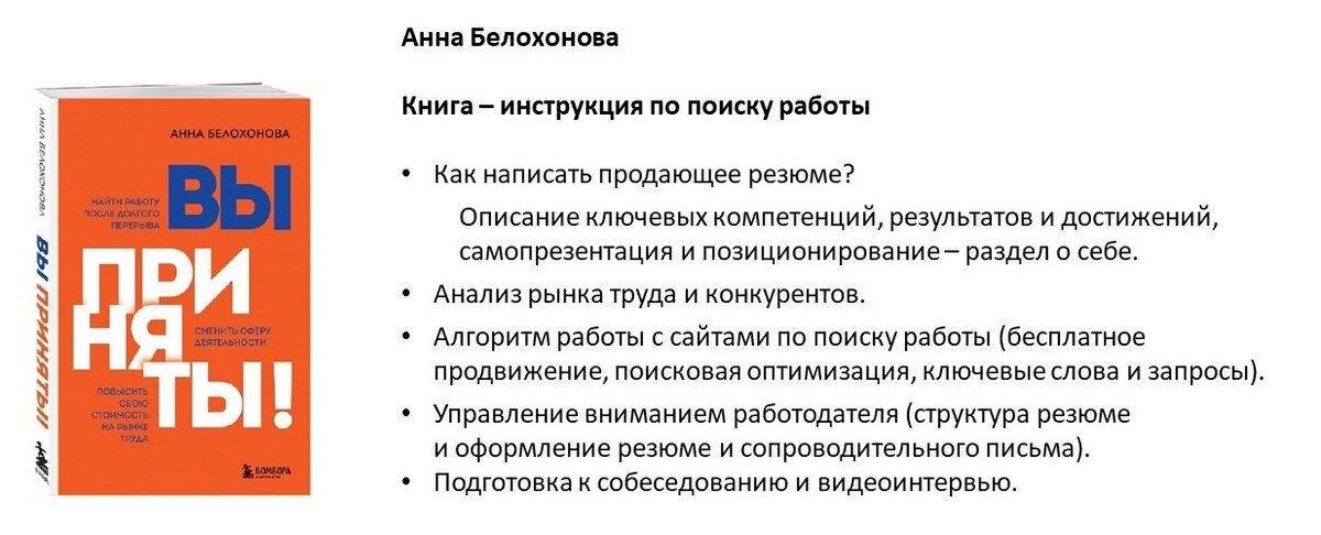 Вы приняты! Найти работу после долгого перерыва. Сменить сферу деятельности. Повысить свою стоимость на рынке труда. Автор А.Белохонова. Издательство ЭКСМО 2021г.