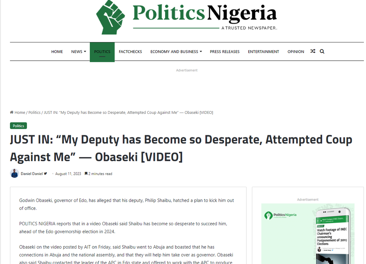 скриншот с сайта https://politicsnigeria.com/just-in-my-deputy-has-become-so-desperate-attempted-coup-against-me-obaseki-video/