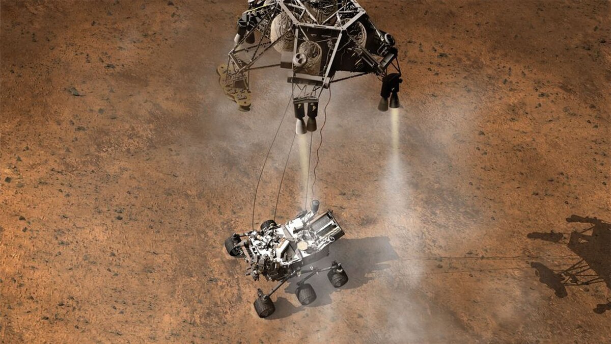 Ровер садится на Марс, обдаваемый струёй раскаленных газов (анимация).