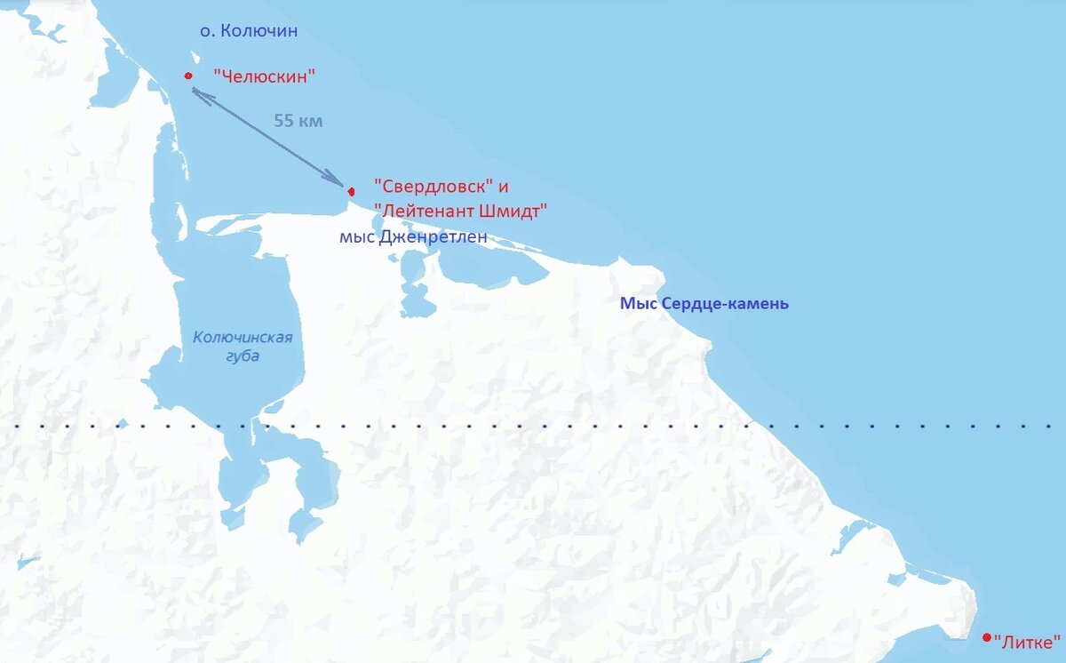 Положение "Челюскина", "Свердловска" и "Лейтенанта Шмита" до 5 октября 1933 г
