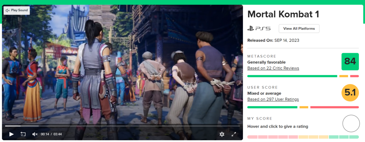     Рейтинг Mortal Kombat 1 на Metacritic