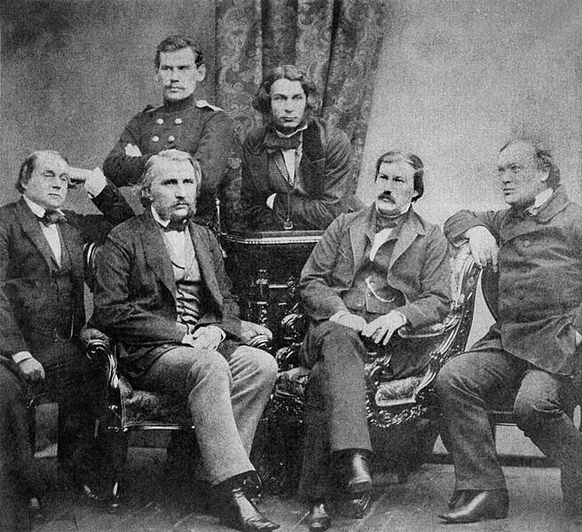  1856. И. А. Гончаров, И. С. Тургенев, Л. Н. Толстой, Д. В. Григорович, А. В. Дружинин и А. Н. Островский. 