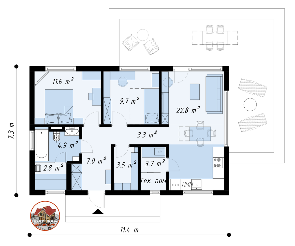 Одноэтажный 3-х комнатный дом 7х11 м., общей площадью 69 кв.м. с террасой