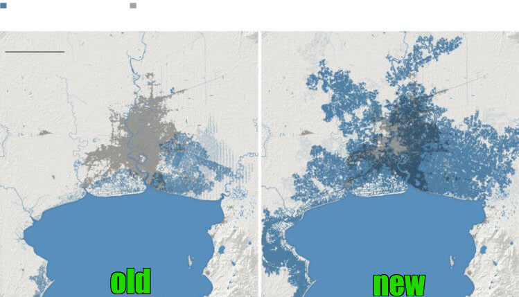 Бангкок под водой во время прилива. Слева: старый прогноз на 2049 год; Справа: новый прогноз на 2049 год