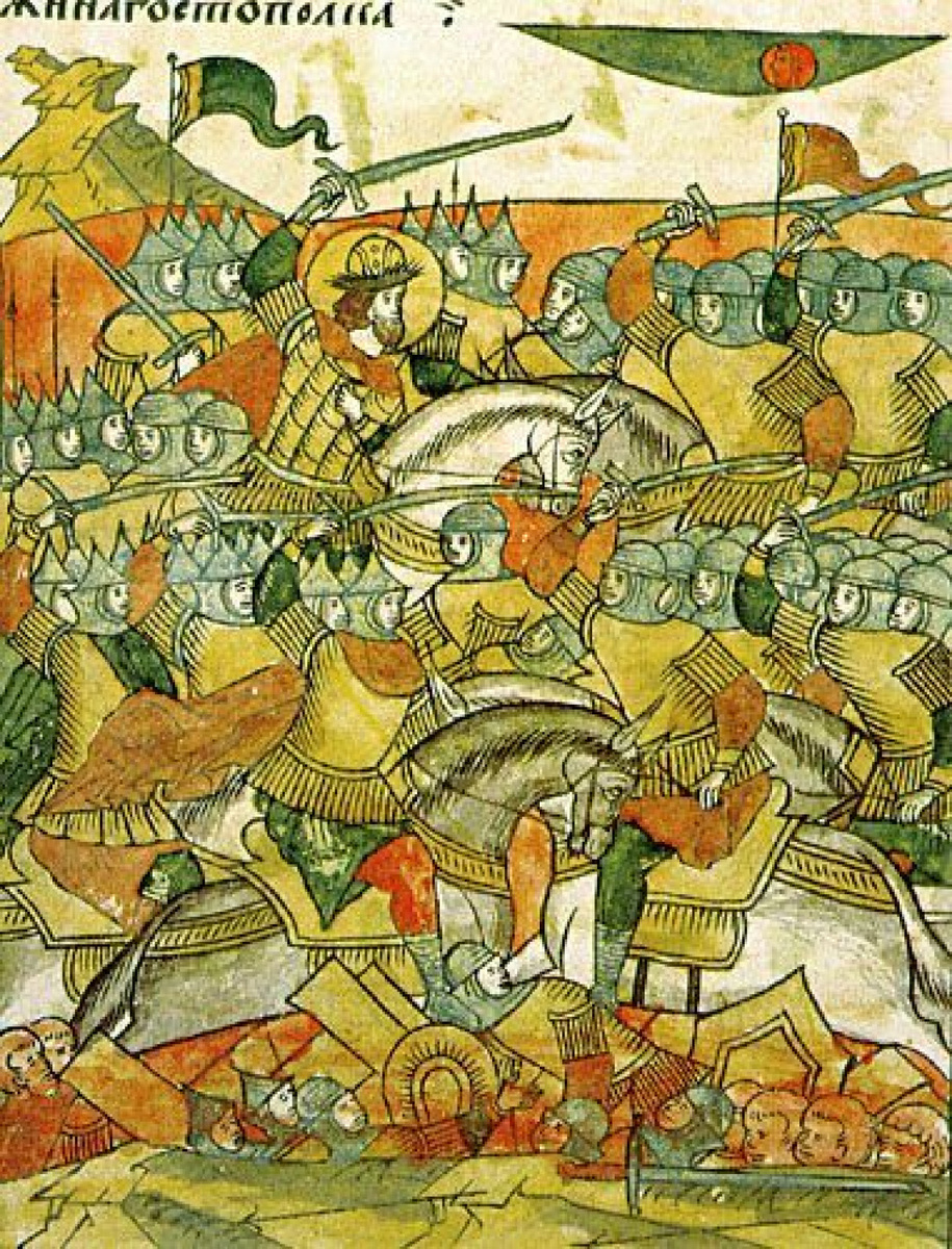 Битва Александра Невского с Ливонцами. Иллюстрация из Лицевого свода XVI век.