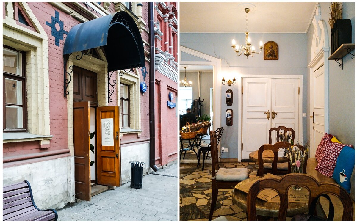 Слева: вход с Петровки. Справа: большая белая дверь — выход в монастырь