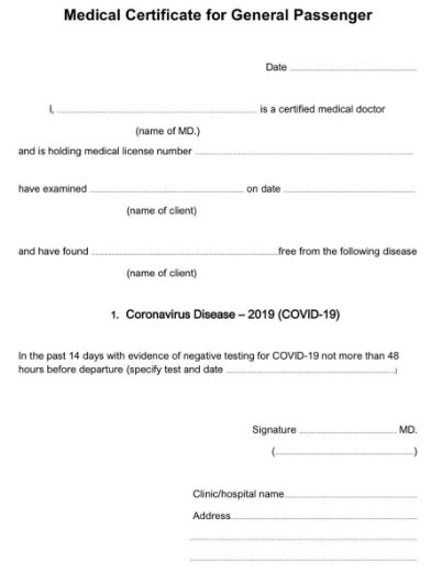 медицинский сертификат подтверждающий отсутствие коронавируса
