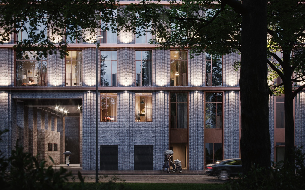 Фасад Kazakov Grand Loft притягивает взгляд: днем — за счет приятных цветовых решений и натуральных материалов отделки, ночью — благодаря эффектной подсветке