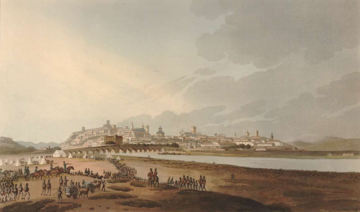 Вид на Бадахос в 1812 году. К городу идут английские войска. Гравер: Edward Orme