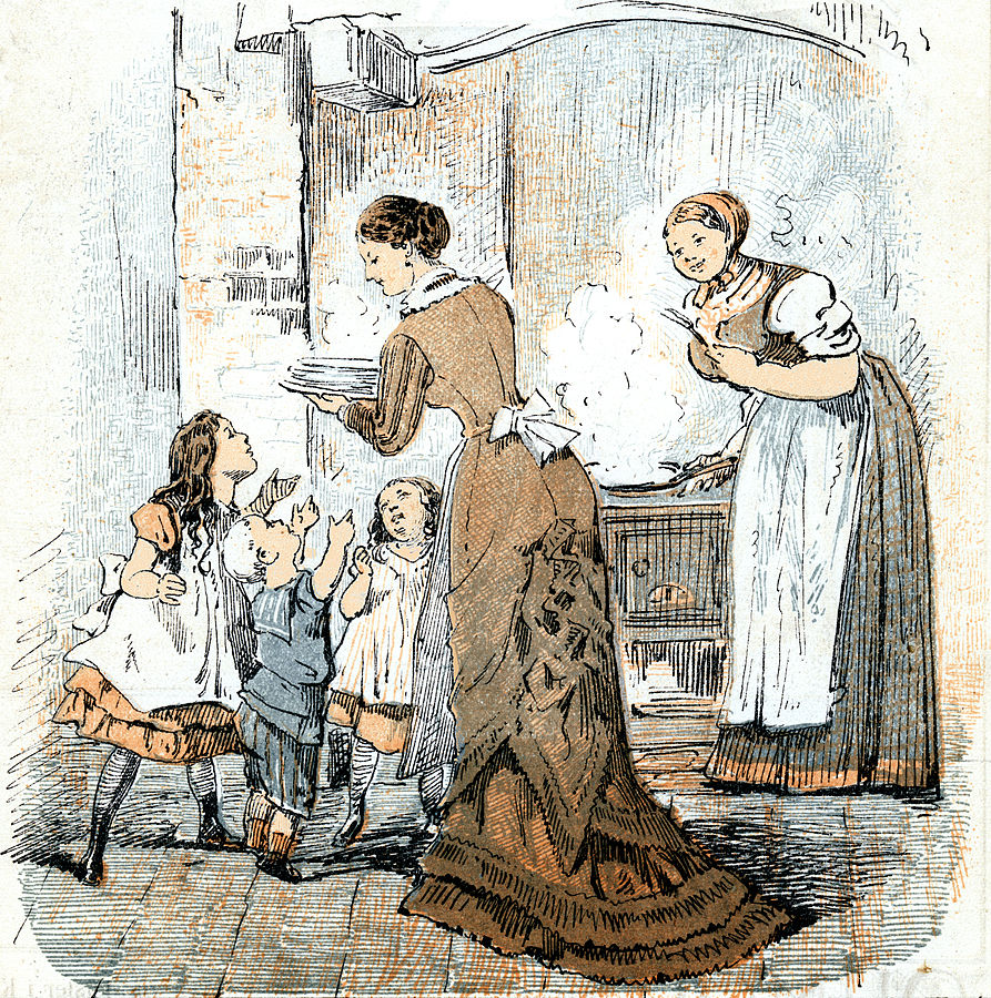 Карикатура "На кухне": "- Мама, можно мне 4 оладушка? - Мама, можно мне 5 оладушков? - Мама, можно мне не 2 оладушка больше, чем я могу съесть?" 1877. (сс) Wikimedia Commons