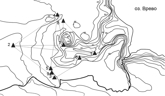 Рис. 1. Карто-схема по данным топосъемки и космического изображения.Сост. автором. 1- камень «Пятница», 4- камень « на верху», 7- «Алтарь» (центральный) камень