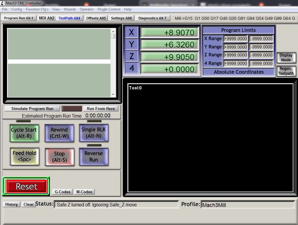 Mach 3 экран программы  ToolPath.