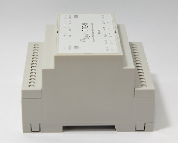 VJLight SPD-9i - DMX сплиттер на DIN рейку с двойной гальванической развязкой и индикаторами. Вид сбоку. https://shop.show-device.ru/VJLight-SPD-9i.html