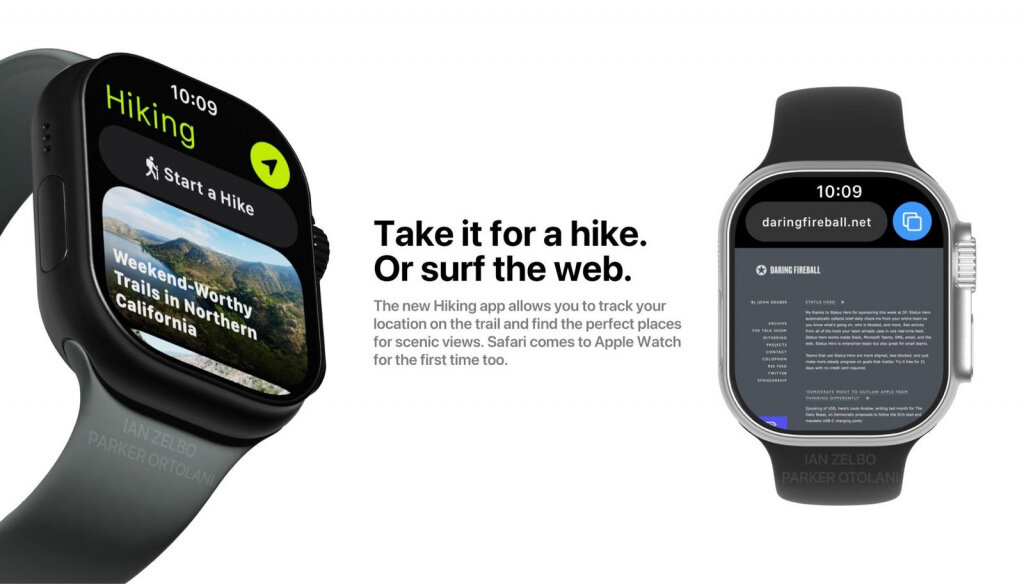 Напомним, что, по словам инсайдеров, Apple Watch Pro выйдут в одном размере — 49 мм. Это будут самые большие часы в истории Apple.В сети появились изображения, демонстрирующие внешний вид еще не вышедших Apple Watch Pro. Об этом сообщает MacRumors.   
 Ранее мы рассказывали, что Apple Watch Pro будут отличаться по дизайну от всех существующих моделей «яблочных» часов. Судя по утечкам и 3D-рендерам, они будут гораздо больше актуальных моделей и получат несколько новых элементов на корпусе. Дизайнер концептов Ян Зелбо составил рендеры Apple Watch Pro на основе всех самых свежих утечек и инсайдов.📷    Watch Pro
📷    Watch Pro
На изображениях можно заметить новую странноватую форму корпуса, сужающуюся к дисплею. Кроме того, дизайнер нанес на правый торец часов защитный выступ, в котором спрятались колесико управления Digital Crown и функциональная кнопка. При этом слева разместилась еще одна кнопка, а также три точки, которые на рендерах «смахивали» на Smart Connector, но теперь скорее похожи на динамик или микрофон.📷    Watch Pro
