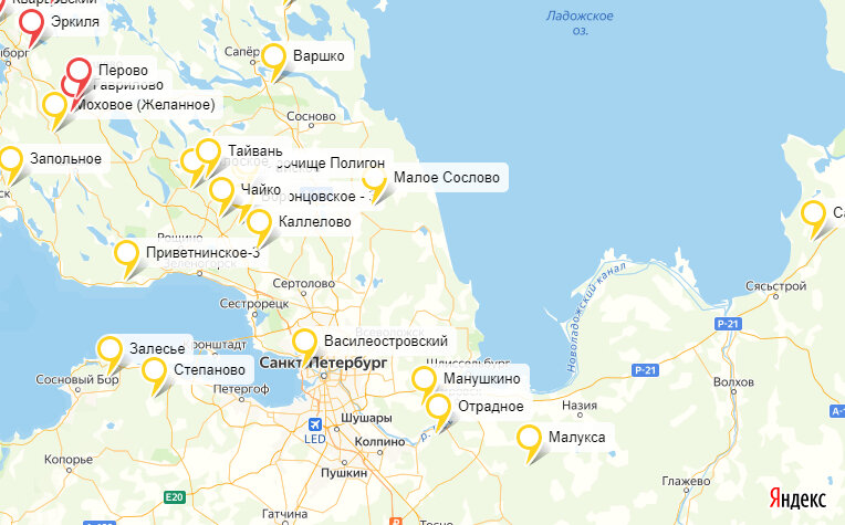 Карьеры на карте Ленинградской области