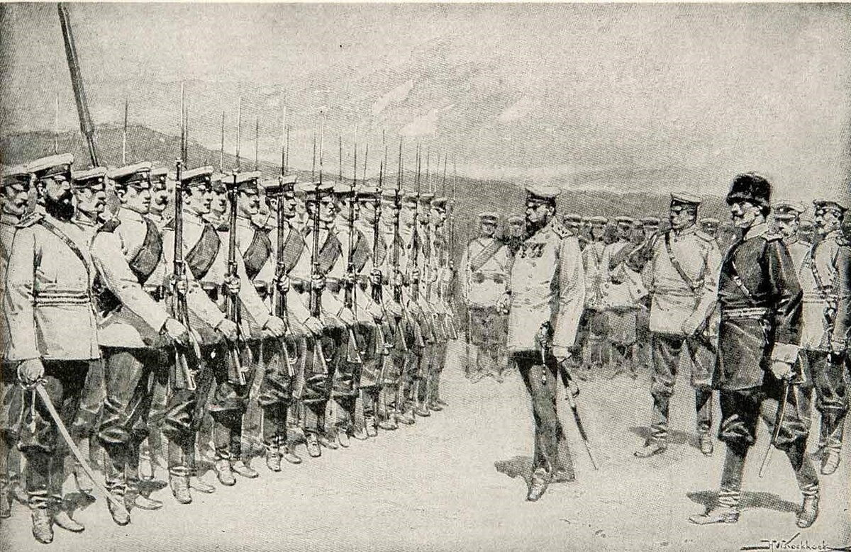 Адмирал Алексеев осматривает русские части в Порт-Артуре.