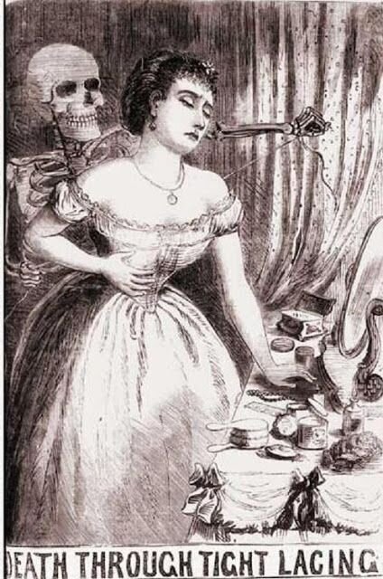 Теме умеренной шнуровки были посвящены целые статьи в медицинской периодике и дамских журналах. Заметьте, до начала ХХ веке прямо отменять корсет никто не требовал. Наоборот, ученые мужи и уважаемые матроны полагали, что корсет очень полезен для женского организма, при условии, что зашнурован он умеренно туго.