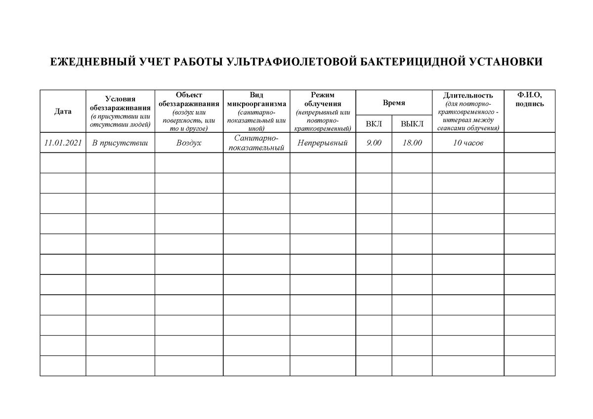 Журнал учета времени работы бактерицидных ламп образец