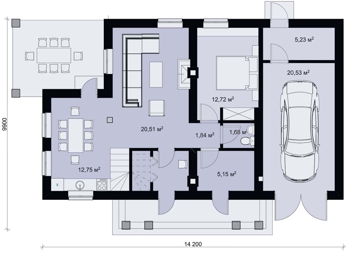 Первый этаж - общее пространство, спальня и хозяйственные помещения