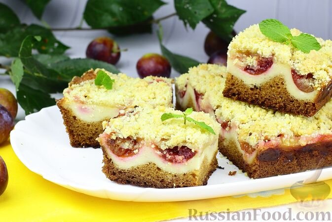 яйца, сахар, масло сливочное, мука, разрыхлитель, соль, слива, творог, крахмал, ванилин, корица молотая